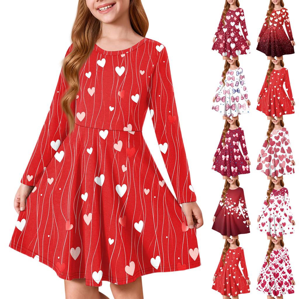 Girls' Summer Princess Dress - Long Sleeve A-Line T-Shirt Dress Valentine's Day