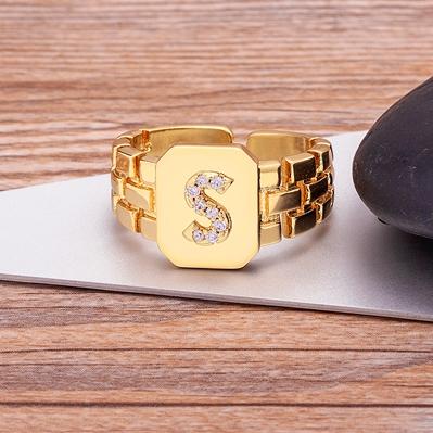 New Arrival Fashion Gold Color Initial Ring Open Design Adjustable Hot Sale Watchband Chain A-Z Letters Zircon Rings For Women