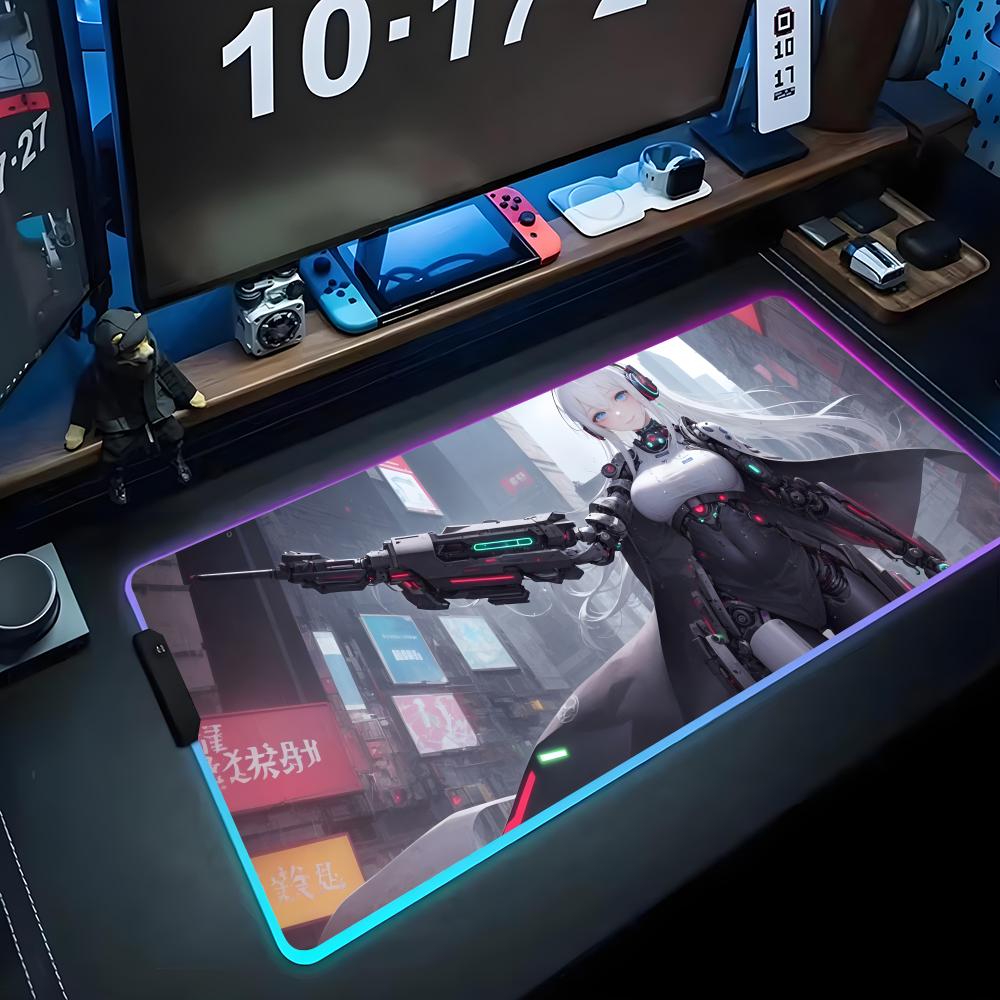 Anime Girl Mecha Mouse Pad RGB Gaming Mousepad Big LED Pad PC Desk Mat Luminous Mouse Pad Large Keyboard Mats Table Rug With