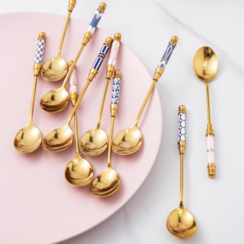 Stainless Steel Coffee Stirring Spoon Ice Cream Tea Stirring Spoons Vintage Teaspoons with Ceramics Handle Kitchen Tableware