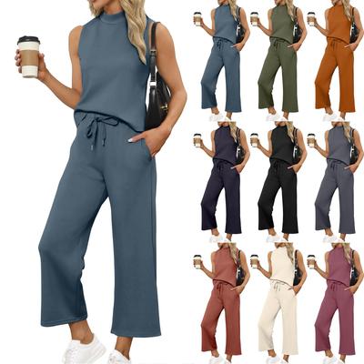 Women's Casual Fashion Sleeveless Loose Wide Leg Pants High Neck Set