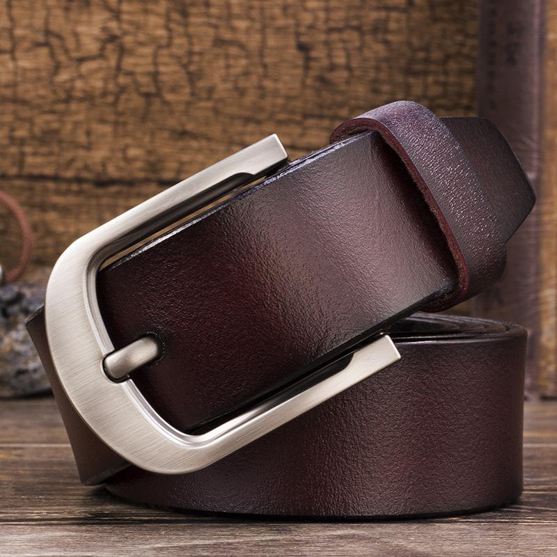 Men'S Belt Pin Buckle, Men'S Cowhide Leather Belt, Medium Green Retro Belt.
