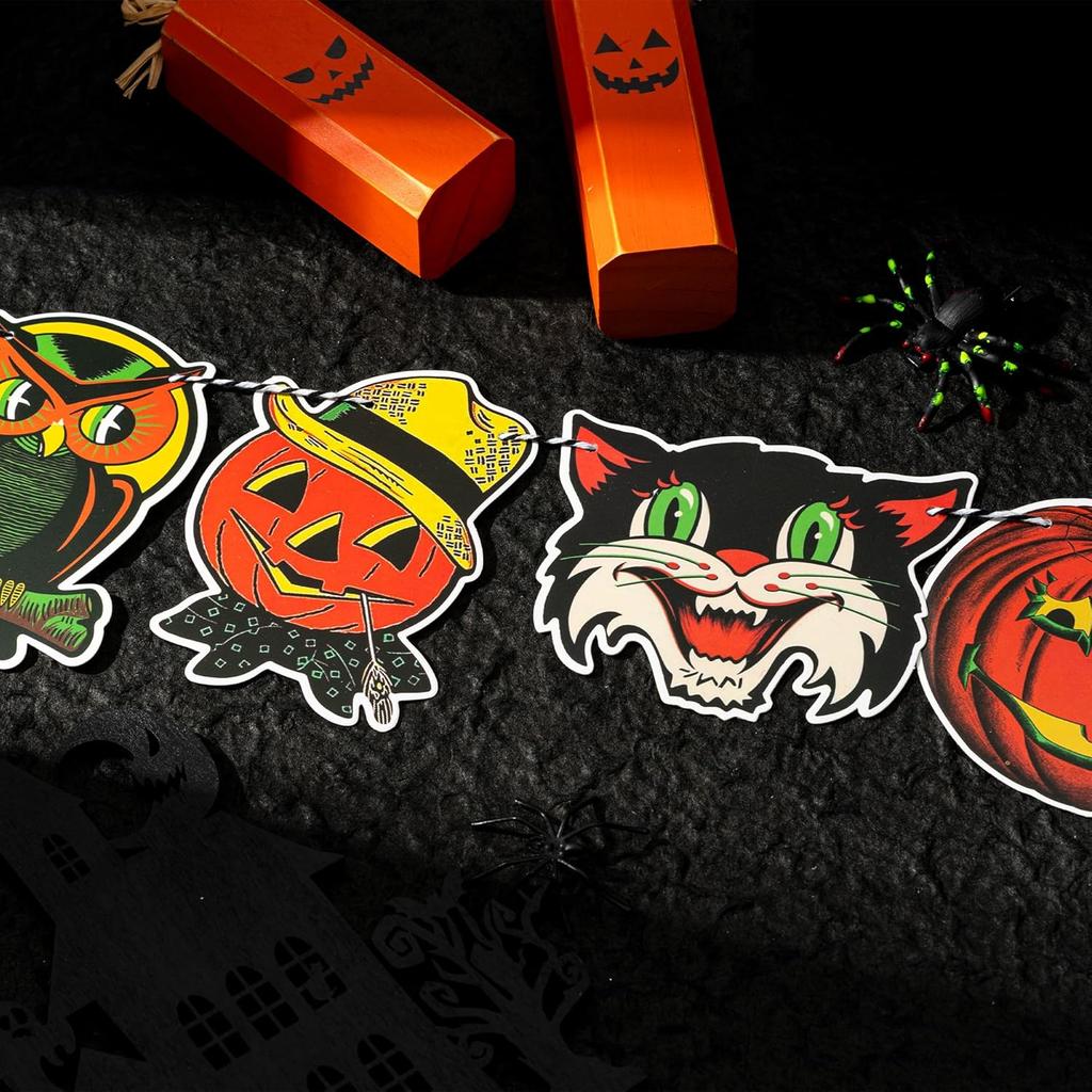Vintage Halloween Hanging Banner Decoration, Retro Halloween Trick or Treat Cute Pumpkin Witch Ghost Cat Wall Bunting Garland Card Banner Cartoon