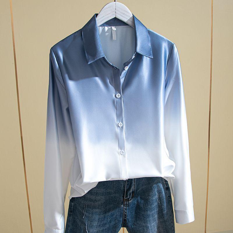 Personality Gradient Office Single-breasted Blouse Women New Classic Long Sleeve Loose Polo Collar All-match Chiffon Shirt 2023