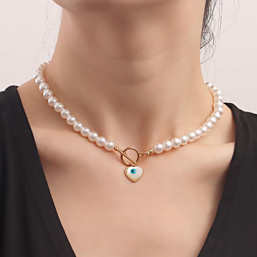 European and American ins Versatile Devil's Eye Love Imitation Pearl Necklace Simple Blue Eye Necklace Women