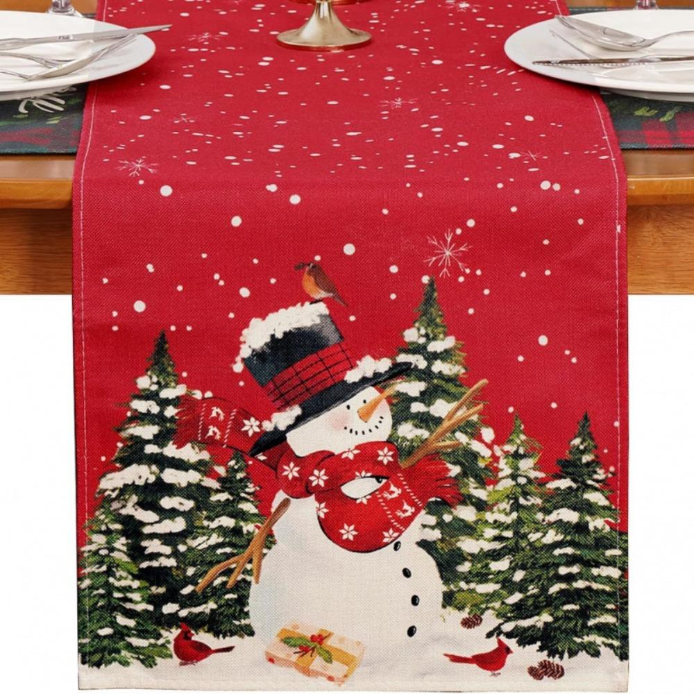 

Рождественская красная скатерть-дорожка со снеговиком и снежинками, декор для столовой, покрытие для стола 33X183