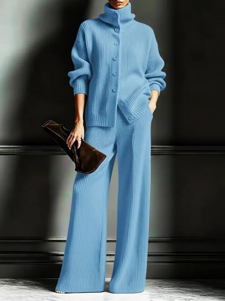 Podzim Zima Nový Pletený Kardigan s Vysokým Límcem Jednobarevný Dlouhý Rukáv Široké Kalhoty Set 2dílný Outfit