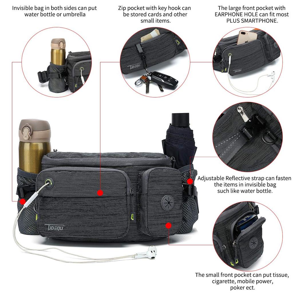 TUDEQU Large Capacity Waist Pouch with Two Hidden Bottle Ideal for Hip and as well as Men's Holders, Dogs, Bags, Walking, Hiking, Running.