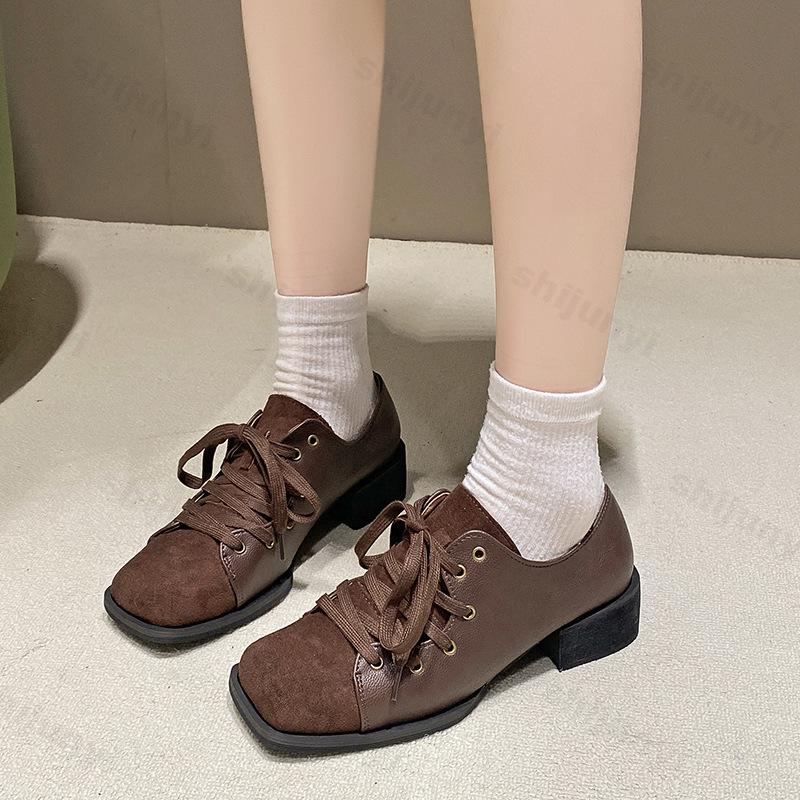 Autumn Women's Retro Square Head Shallow Mouth Casual Single Shoes Fashion Versatile Comfortable Lace Up Coarse Heel Pumps