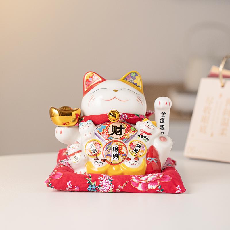 7 Inch Fortune Cat with Waving Arm Ceramic Maneki-Neko Lucky Cats Feng Shui Decor Ornament for Home Office Shop Decoration