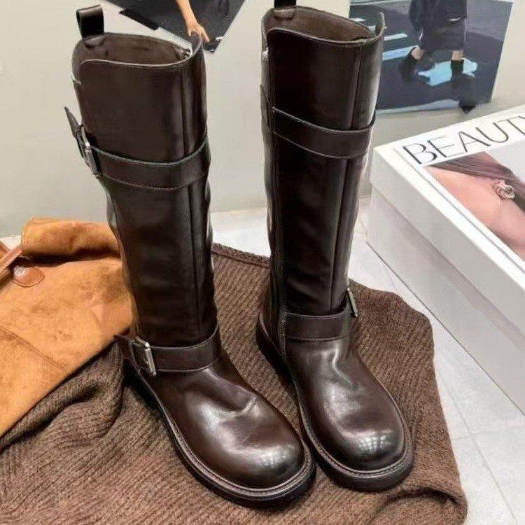 [Cowhide Edition] Dune Aesthetics~ Fleece Retro Double Button Medium and High Western Boots Women's Knight Boots Winter
