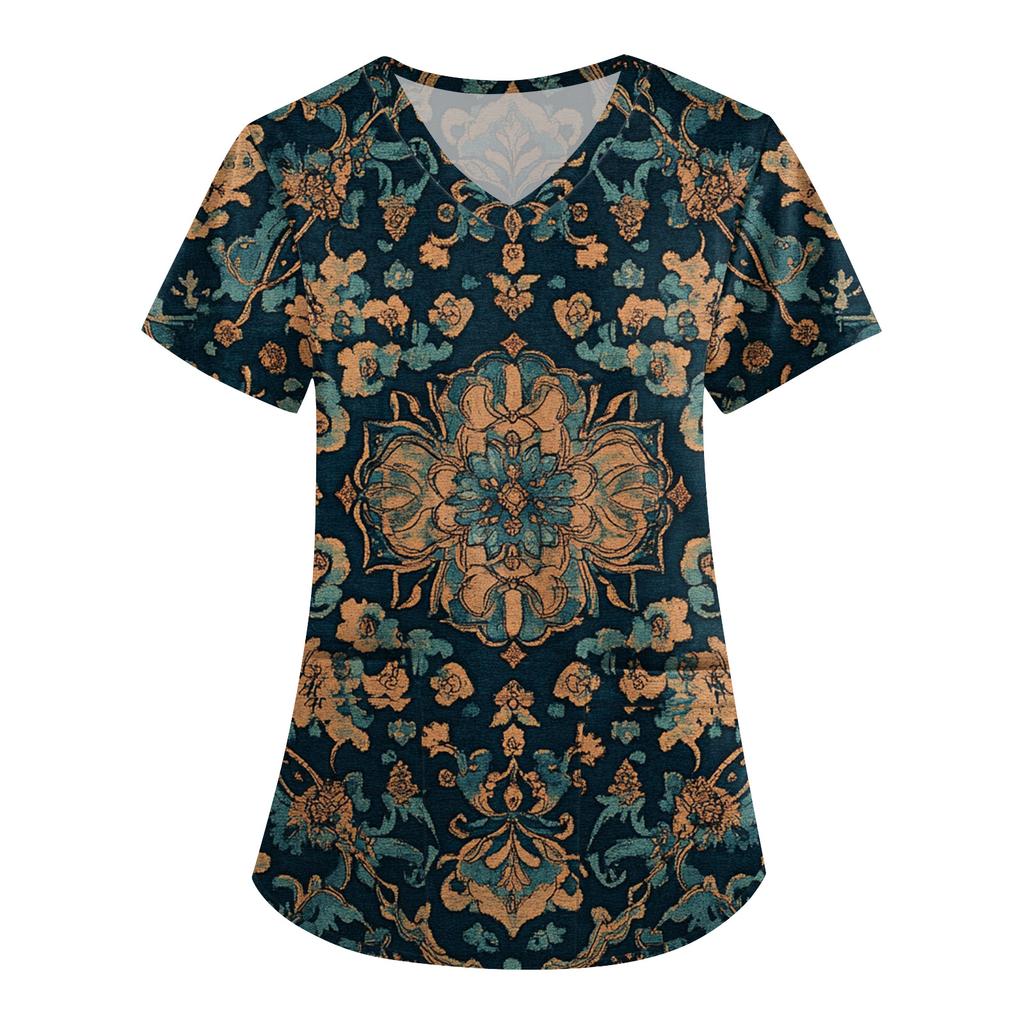 Women's Cute Printed Work Clothes V-neck Double Layer Pockets Basic Short Sleeve Top Pullover Valentines