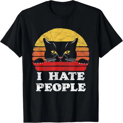 I Hate People Peeking Cat Funny Eighties Retro Distressed T-Shirt