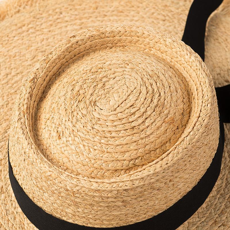 Spring and summer new ring flat top bow streamer raffia big eaves hat women's sunshade rough edge beach straw hat