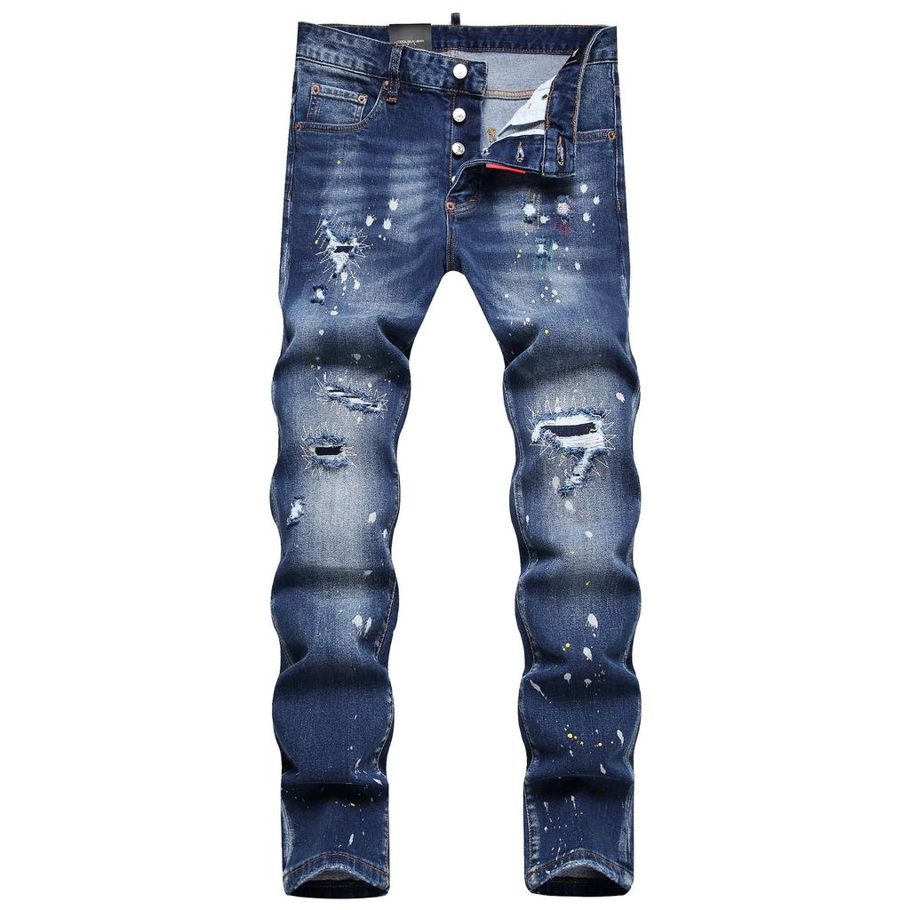 New Men's Jeans With Holes Fashionable Trend Paint Peeling Slim Fit Small Feet Mid Waist Pants