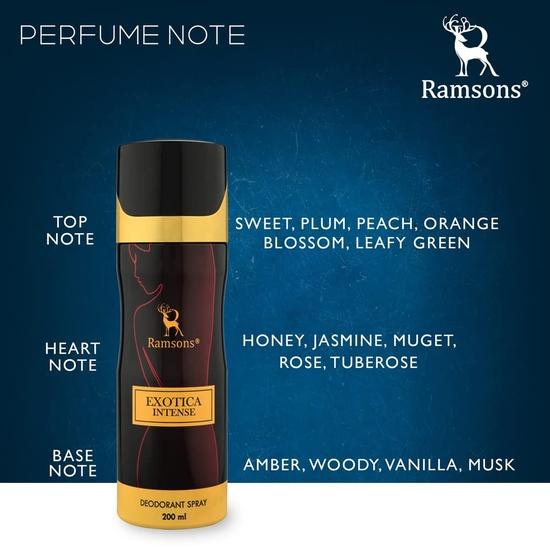 Ramsons - EXOTICA INTENSE Deodorant Spray |200 ML |  For Women | TN - Sweet, Plum, Peach, Orange Blossom | MN - Honey| BN - Amber, Woody
