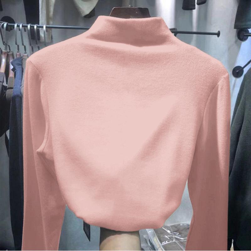 

Теплая рубашка с длинным рукавом из двухстороннего бархата с начесом, приталенного кроя, с воротником-полувысоким, для женщин - однотонная, осень/зима. M розовый