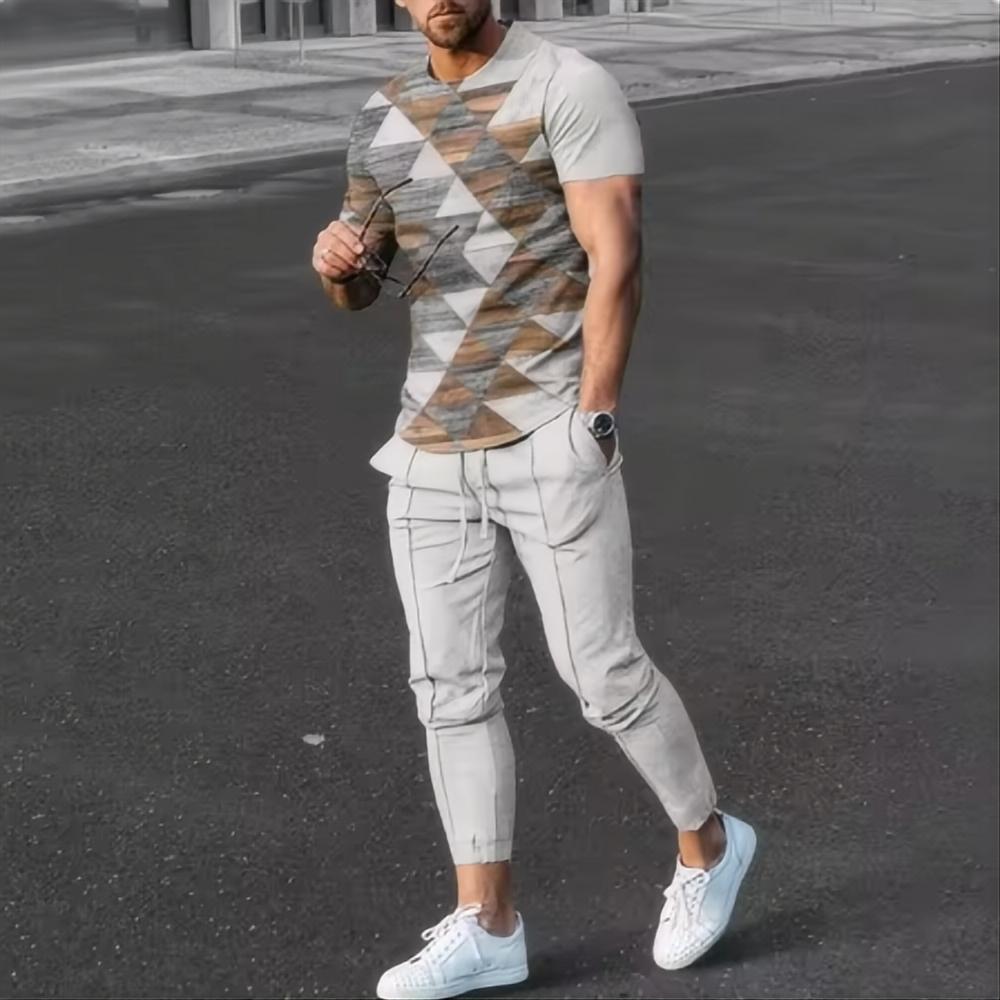 Summer Men's T-shirt Pants Sportswear Geometric Printed Pants Set 2-piece Street Wear Suit Sportswear