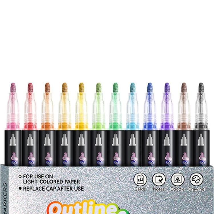 Outline Pen Set, 12Pcs Metallic Outline Marker Pens Gifts Card Writing Double Line Outline Pens Metallic Paint Markers