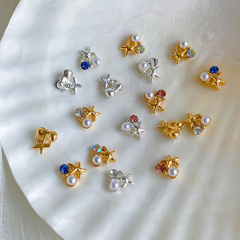 2Pcs 3D Exquisite Alloy Nail Art Charms Kawaii Starfish Pearl Design Nail Rhinestone Decorations Diy Accessories