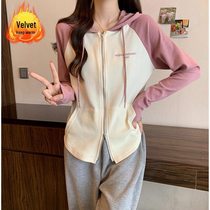 Women's Slim-Fit Raglan Double Zipper Hoodie, Spliced Design with Baby Fleece, Fleece-Lined for Autumn and Winter, Salt-Style Top.