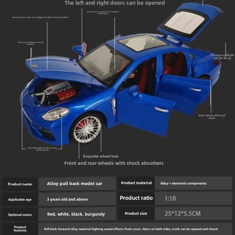 Nuevo 1:Porsche Panamera 18 - Coche de aleación fundido a presión, modelo de simulación con sonido y luz, coche de tracción trasera, juguete de colección para niños, regalo para niños