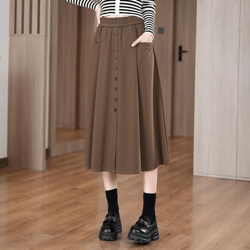 Damen Elastischer Bund Midi Rock - Frühling/Herbst Stil, Lässige Schlanke Passform mit Taschen