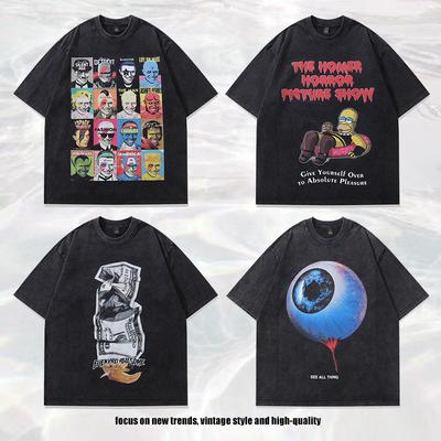 Trendigt märke Herr Vintage Rundhalsad T-shirt Herr Amerikansk Retro Direktinsprutningstryck Tvättad Lös Kortärmad T-shirt