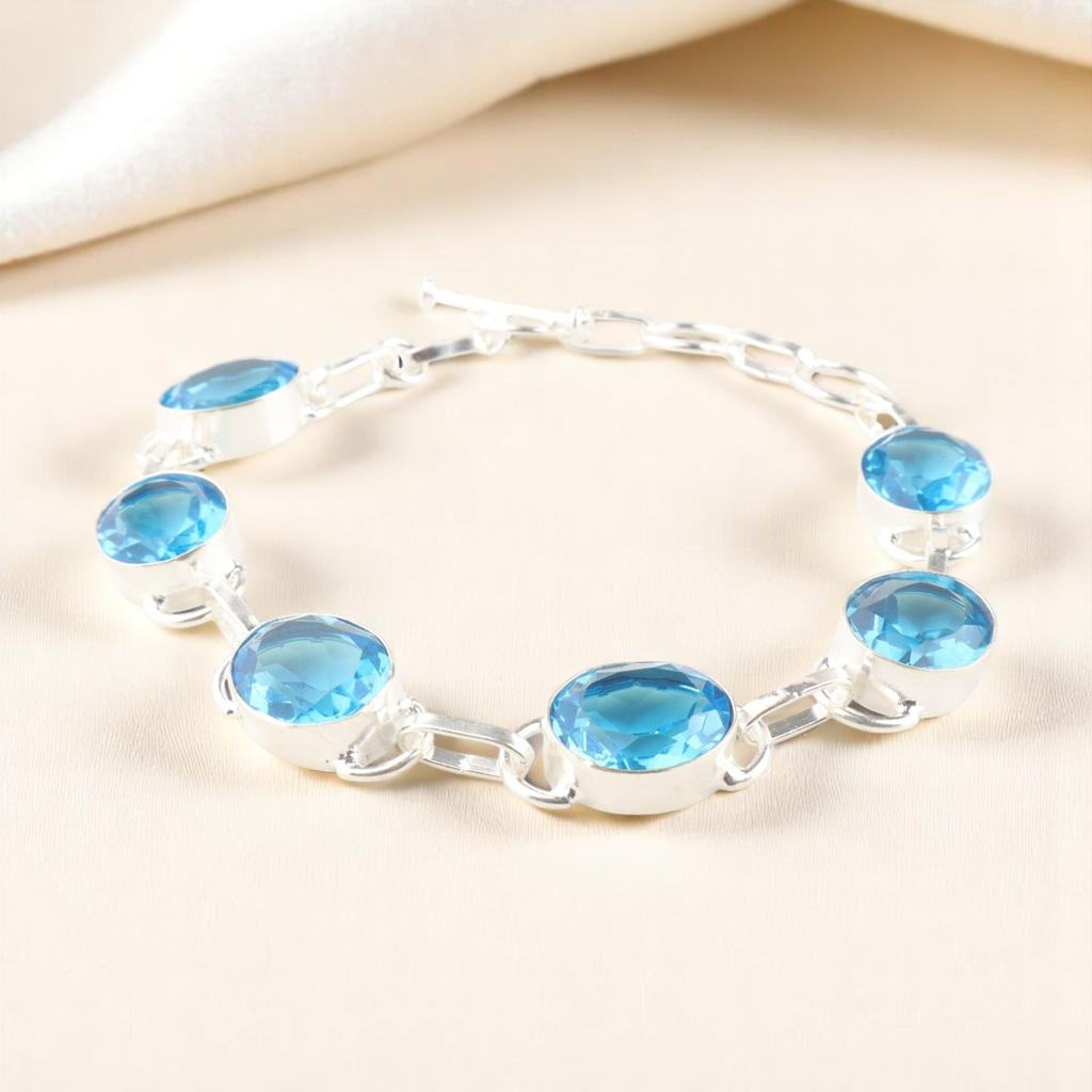 Swiss Blue Topaz Gemstone 925 Sterling Silver Gift Jewelry Handmade Bracelet 8" RB-10-3