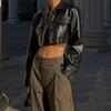 Faux Leather Short Jacket Y2K Turn-down Collar Fashion Botton Decoration PU Coat