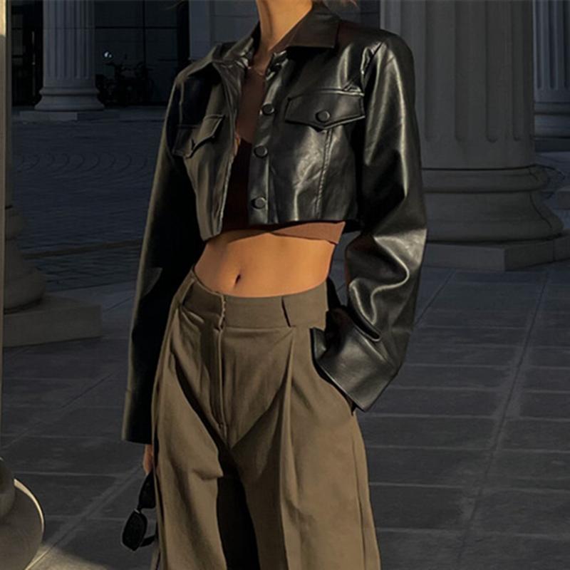 Faux Leather Short Jacket Y2K Turn-down Collar Fashion Botton Decoration PU Coat
