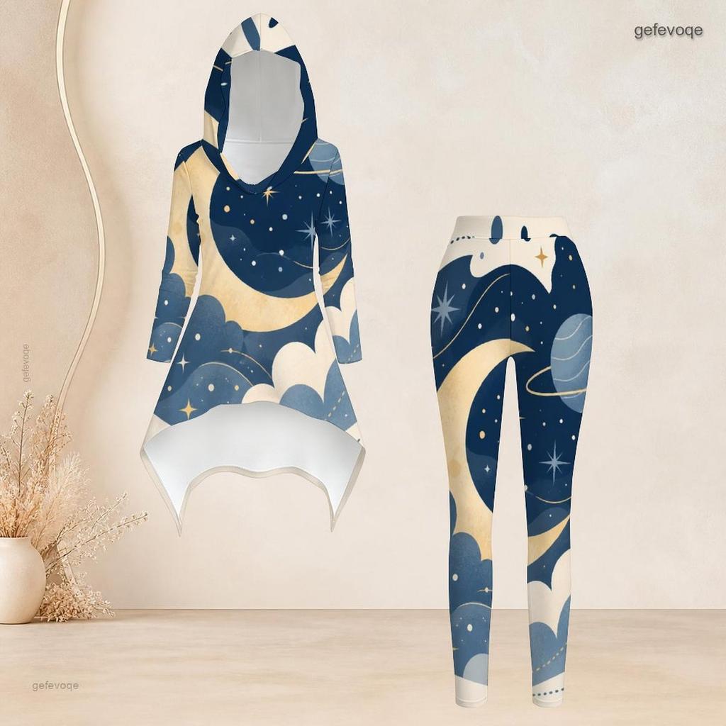Women Plus Size Two Piece Hooded Long Sleeve Top And Pants Halloween Skull Witch Moon Print Loungewear Set