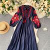 Fashion Retro Floral Print Midi Dress Women Elegant National Style Loose Vintage Party One Piece Dress Female Design