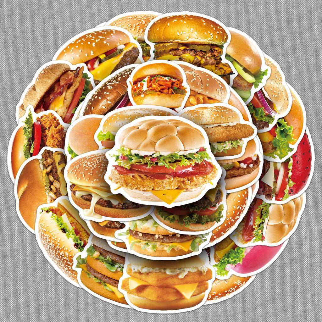 50 Realistických Samolepek Hamburgerů Rychlého Občerstvení - Voděodolná Dekorace na Ledničku, Svačinový Box, Deník