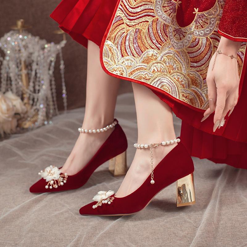 Fashion Comemore Red High Heel Chinese Style Bridal Wedding Shoes Women 2024 Beaded Women's Shoe Pointed Toe Pumps Fashion Pump Heels 34