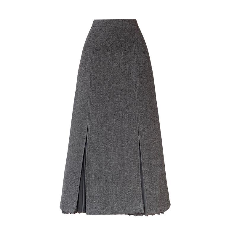 Women's Gray Wool Plaid Pleated A-Line Skirt - High Waist, Mid-Length, Slimming, with Slit for Autumn/Winter