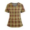 Women's Plaid Print V-Neck and Caregiver Top with Double Pockets and Split Hem Short Sleeves