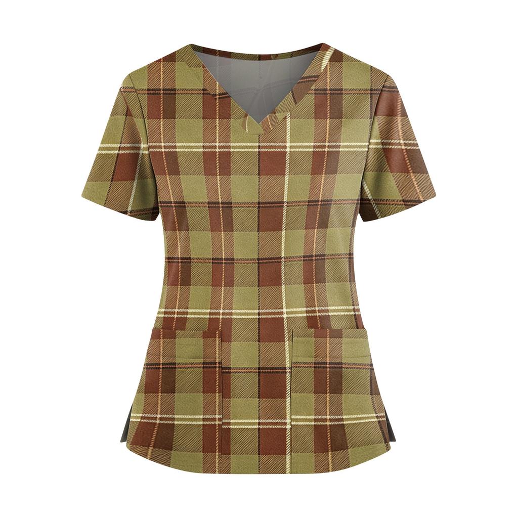 Women's Plaid Print V-Neck and Caregiver Top with Double Pockets and Split Hem Short Sleeves