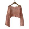 Couverture de protection solaire Col rond Manches extra longues Doux Extensible Protection solaire Pulls Hauts Couleur unie Design ajouré Hauts courts en tricot