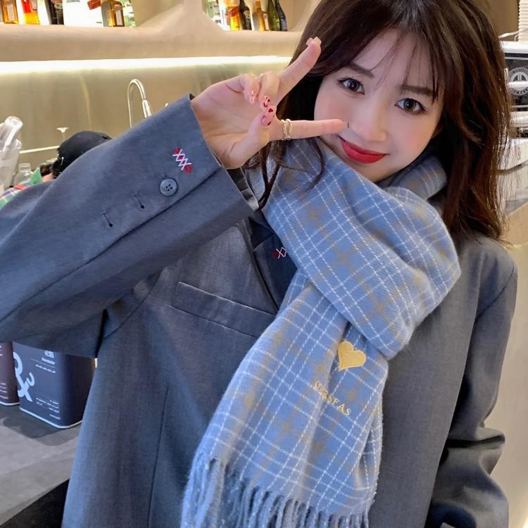 Love Beige Plaid Scarf Women's Autumn and Winter New Korean Style Student Imitation Cashmere Shawl Two Purpose Scarf