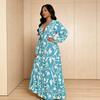 European and American Fashion Plant Pattern A-shaped Long Skirt Deep V-neck Bubble Sleeve Strap Waist Temperament Skirt D