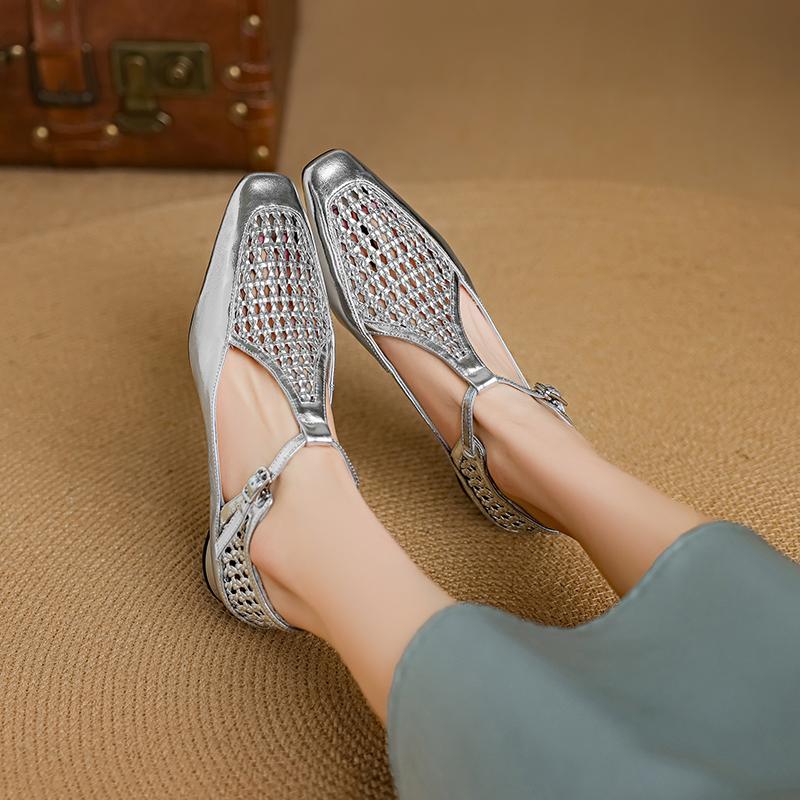 Fashion Women's New Leather Cowhide Spring Summer Hollow Breathable Woven Elastic Buckle Belt Low Heel Mary Jane Single Shoe