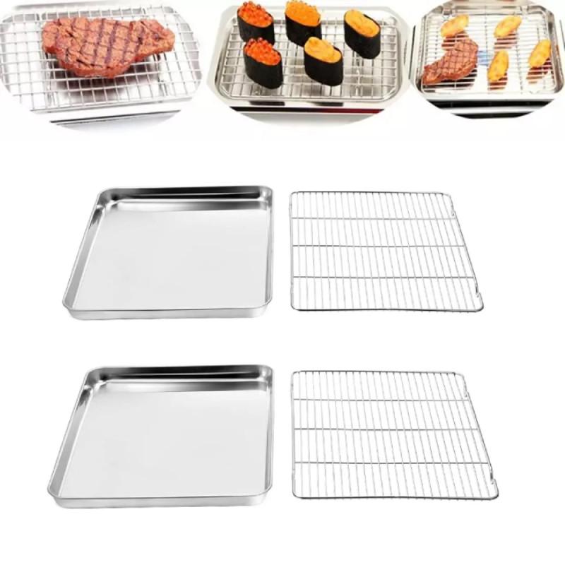 4pcs Stainless Steel Baking Tray Rack Bbq Roaster Oven Cooling Rack Square Sheet