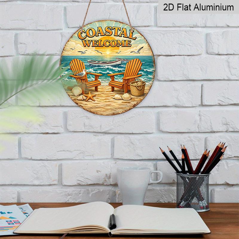 2D Flat, 1pc Round Aluminum Hanging Sign - "Coastal Welcome" Beach Sunset Vintage Metal Wall Art, Retro Ocean Chair & Seashell Design, Perfect for
