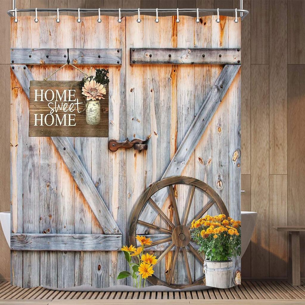Rustic Barn Door Shower Curtain for Bathroom, Western Farmhouse Yellow Daisy Floral Bath Curtain Sets,Fabric Countryside Wooden