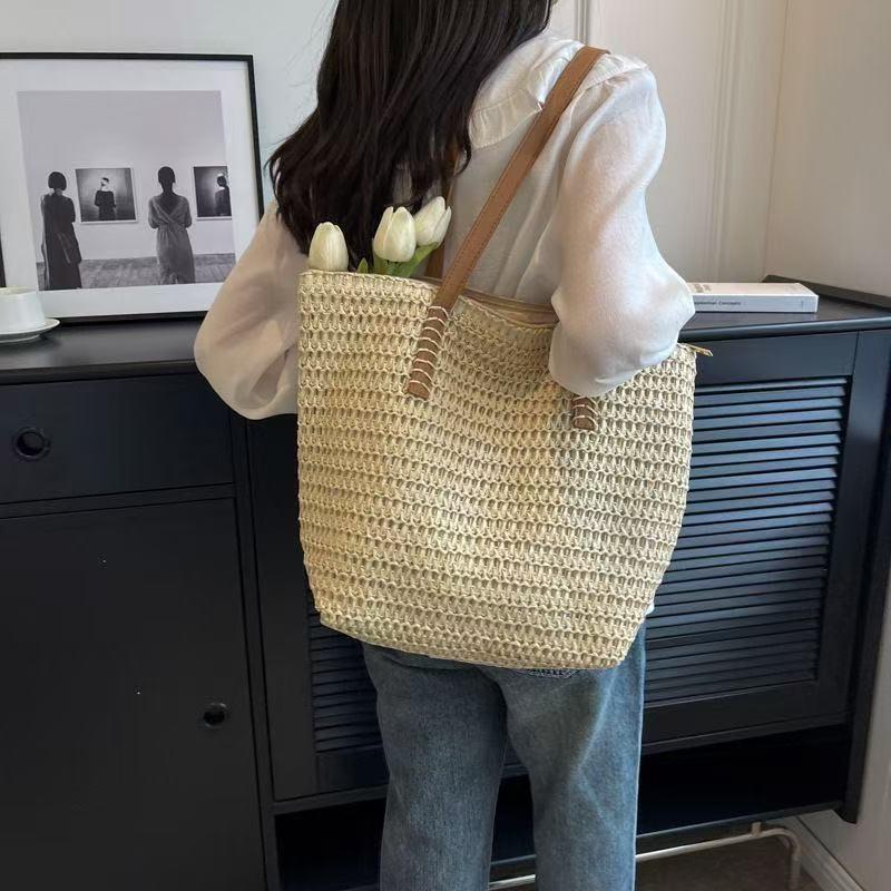 Корейская плетеная соломенная сумка большой вместимости - Летний пляжный стиль 2025