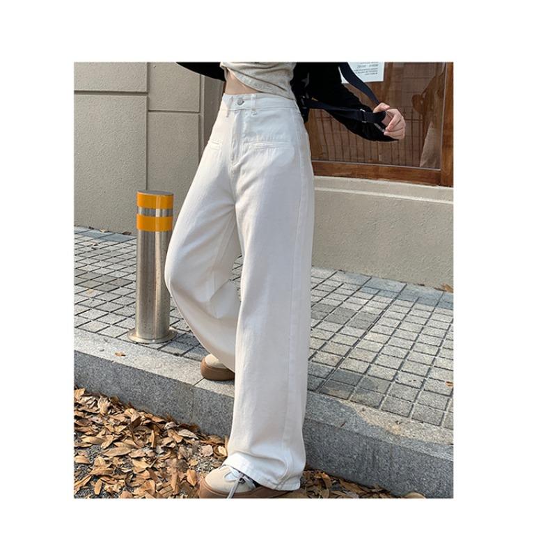 Pantaloni di Jeans Casual da Donna Bianchi a Vita Alta Larghi Gamba Dritta