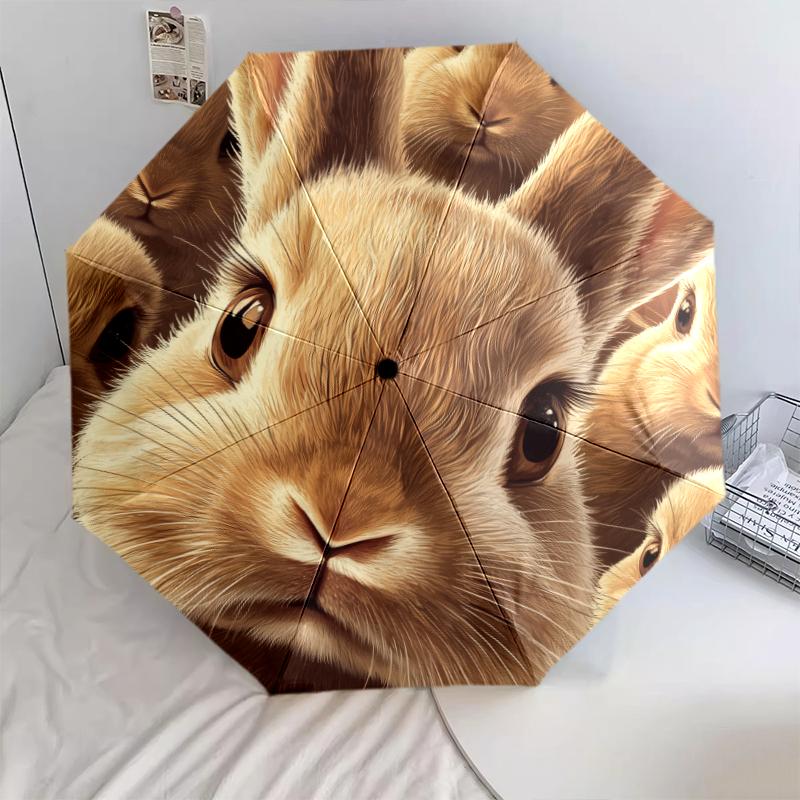 Motivo con conigli, ombrello pieghevole automatico, design portatile e pieghevole, 8 stecche, un regalo di Natale o di compleanno.