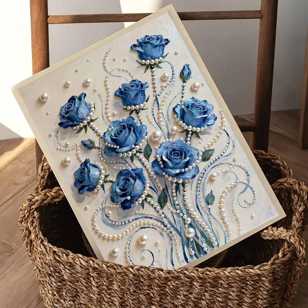 Crystal Pearl Painting 5D DIY Frame Decoration Painting Blue Rose Home Wall Decoration Transparent Pearl Gemstone Painting Picture Art Crafts