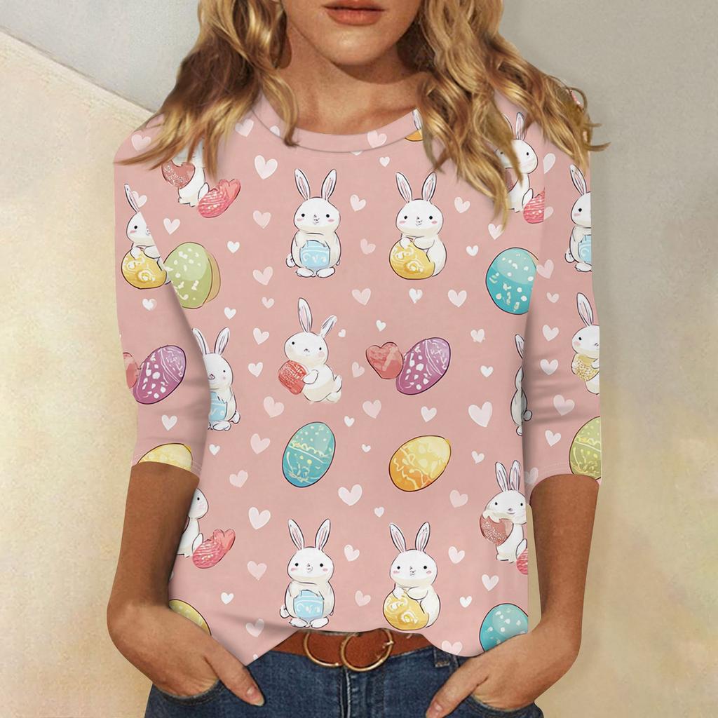 Women's Fashionable Casual Easter Bunny And Egg Print Neck Three-Quarter Sleeve T-Shirt